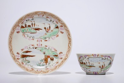 A set of six Chinese famille rose export Meissen-style cups and saucers, Qianlong