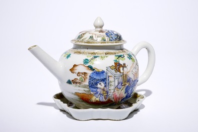 A fine Chinese famille rose teapot on stand with a lady and two boys, Yongzheng