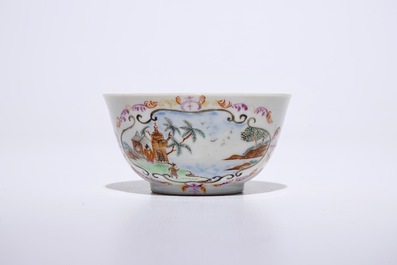A set of six Chinese famille rose export Meissen-style cups and saucers, Qianlong