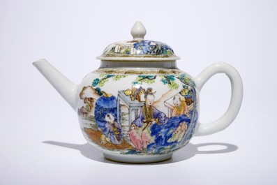 A fine Chinese famille rose teapot on stand with a lady and two boys, Yongzheng