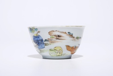 A fine Chinese famille rose eggshell cup and saucer with a lady and two boys, Yongzheng
