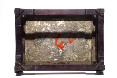 A Chinese famille rose enamel tile plaque mounted in a wood stand, 19th C.