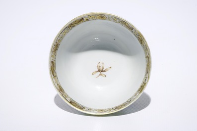 A fine Chinese famille rose eggshell cup and saucer with a lady and two boys, Yongzheng