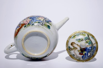A fine Chinese famille rose teapot on stand with a lady and two boys, Yongzheng