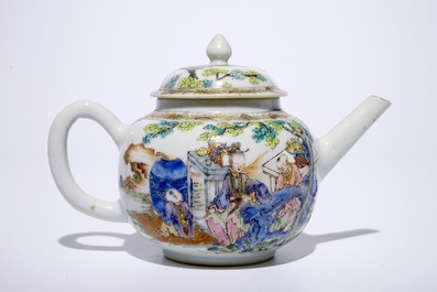 A fine Chinese famille rose teapot on stand with a lady and two boys, Yongzheng