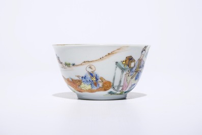 A fine Chinese famille rose eggshell cup and saucer with a lady and two boys, Yongzheng
