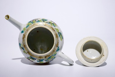A fine Chinese famille rose teapot on stand with a lady and two boys, Yongzheng