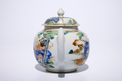 A fine Chinese famille rose teapot on stand with a lady and two boys, Yongzheng