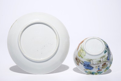 A fine Chinese famille rose eggshell cup and saucer with a lady and two boys, Yongzheng