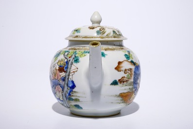 A fine Chinese famille rose teapot on stand with a lady and two boys, Yongzheng