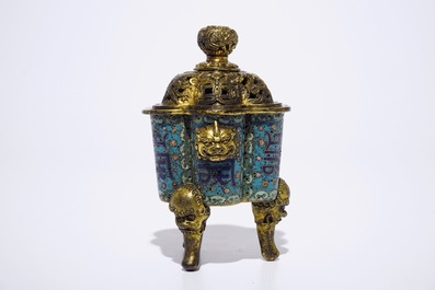 A Chinese cloisonn&eacute; and gilt bronze incense burner, Qianlong mark, 18/19th C.