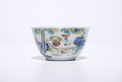 A fine Chinese famille rose eggshell cup and saucer with a lady and two boys, Yongzheng