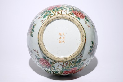 A large Chinese famille rose hu-shaped vase with birds among flowers, Qianlong mark, 19th C.