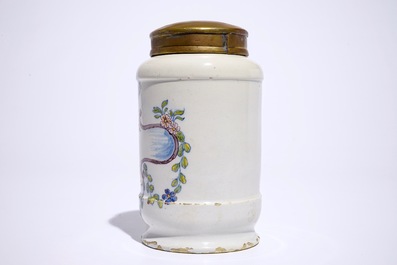 Un pot de pharmacie en fa&iuml;ence de Delft polychrome de forme albarello, 18&egrave;me