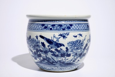 A blue and white Chinese fishbowl with birds among flowers, 19th C.