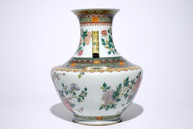 A large Chinese famille rose hu-shaped vase with birds among flowers, Qianlong mark, 19th C.