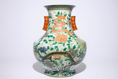 A large Chinese famille verte hu-shaped "Dragon" vase, 19th C.