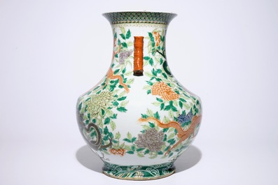 A large Chinese famille verte hu-shaped "Dragon" vase, 19th C.