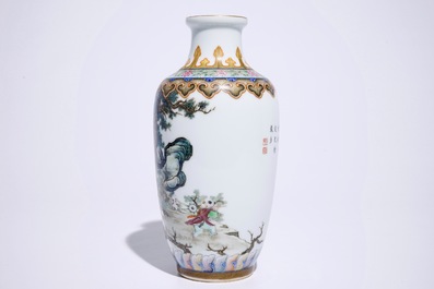 A fine Chinese famille rose vase with figures in a landscape, 20th C.