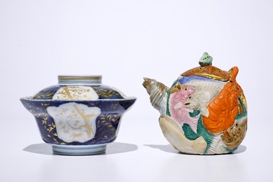 A Japanese Arita gilt blue and white covered bowl, Edo, 17/18th C. and a Banko biscuit teapot, Meiji, 19th C.