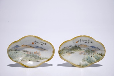 A Chinese qianjiang cai wine cup and two small oval trays, 19/20th C.