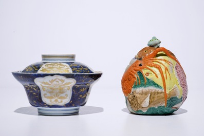 A Japanese Arita gilt blue and white covered bowl, Edo, 17/18th C. and a Banko biscuit teapot, Meiji, 19th C.