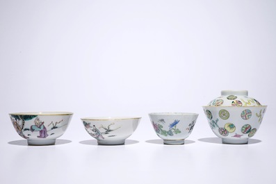 Een lot van vier Chinese famille rose kommen, &eacute;&eacute;n met deksel, 19/20e eeuw