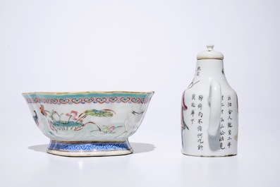 Een Chinees famille rose "Wu Shuang Pu" kannetje en een kom met mandarijneenden, 19e eeuw