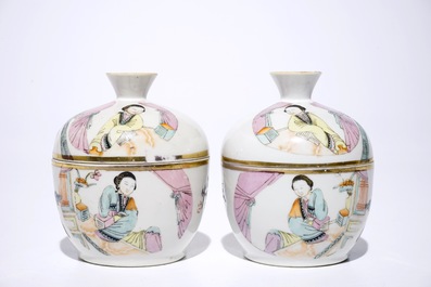 A pair of Chinese qianjiang cai covered bowls, 19/20th C.
