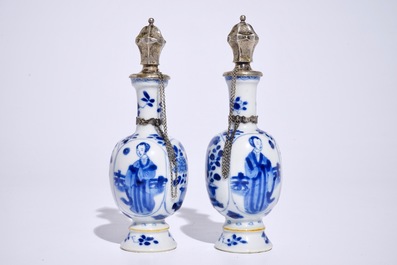 A pair of Chinese blue and white silver-mounted vases with long Eliza, Kangxi