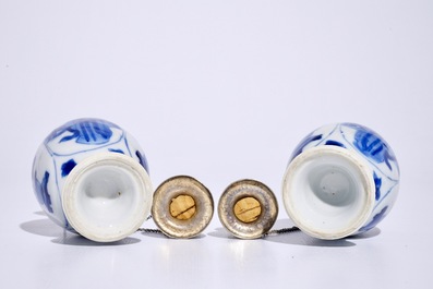 A pair of Chinese blue and white silver-mounted vases with long Eliza, Kangxi