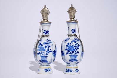A pair of Chinese blue and white silver-mounted vases with long Eliza, Kangxi