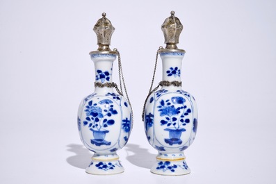 A pair of Chinese blue and white silver-mounted vases with long Eliza, Kangxi