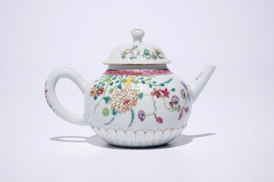 A Chinese famille rose lotus-shaped teapot and cover, Yongzheng