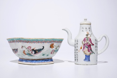 Een Chinees famille rose "Wu Shuang Pu" kannetje en een kom met mandarijneenden, 19e eeuw