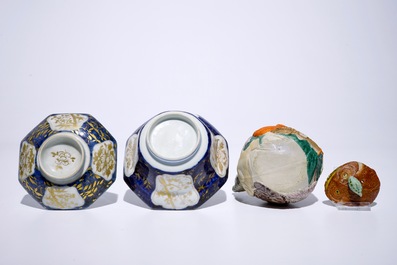 A Japanese Arita gilt blue and white covered bowl, Edo, 17/18th C. and a Banko biscuit teapot, Meiji, 19th C.