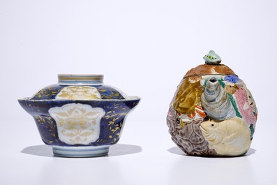 A Japanese Arita gilt blue and white covered bowl, Edo, 17/18th C. and a Banko biscuit teapot, Meiji, 19th C.