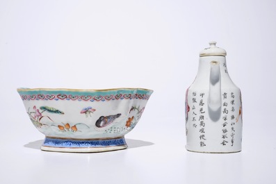 Een Chinees famille rose "Wu Shuang Pu" kannetje en een kom met mandarijneenden, 19e eeuw