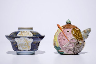 A Japanese Arita gilt blue and white covered bowl, Edo, 17/18th C. and a Banko biscuit teapot, Meiji, 19th C.