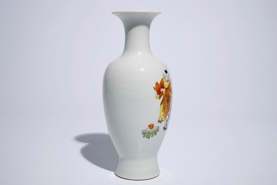 A Chinese famille rose vase with a sage and a boy, Hongxian mark, 20th C.