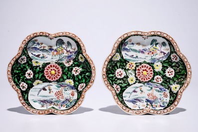 A pair of Chinese famille noire teapots on stand, Yongzheng