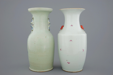 Two Chinese famille rose and blue and white on celadon ground vases, 19/20th C.