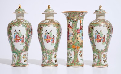 A four-piece Chinese Canton rose medallion garniture of vases, 19th C.