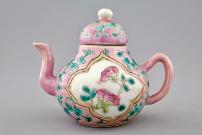 An unusual Chinese pink ground miniature teapot and cover, 19th C.