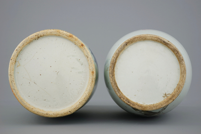 Two Chinese famille rose and blue and white on celadon ground vases, 19/20th C.