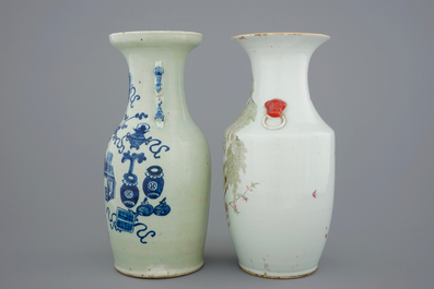 Two Chinese famille rose and blue and white on celadon ground vases, 19/20th C.