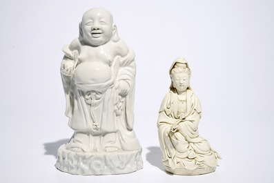 Deux figures de Bouddha et Guanyin en porcelaine blanc de Chine de Dehua, 19/20&egrave;me