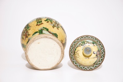 A Chinese famille verte on yellow ground baluster jar and cover, 19th C.