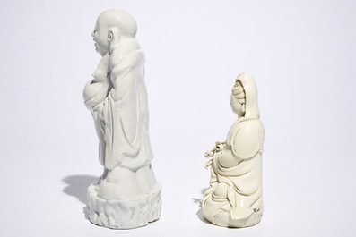 Deux figures de Bouddha et Guanyin en porcelaine blanc de Chine de Dehua, 19/20&egrave;me