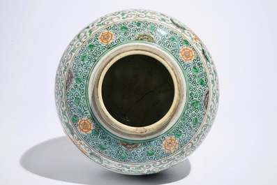 A Chinese famille verte dish and a doucai plate, Kangxi, and a ginger jar, 19th C.